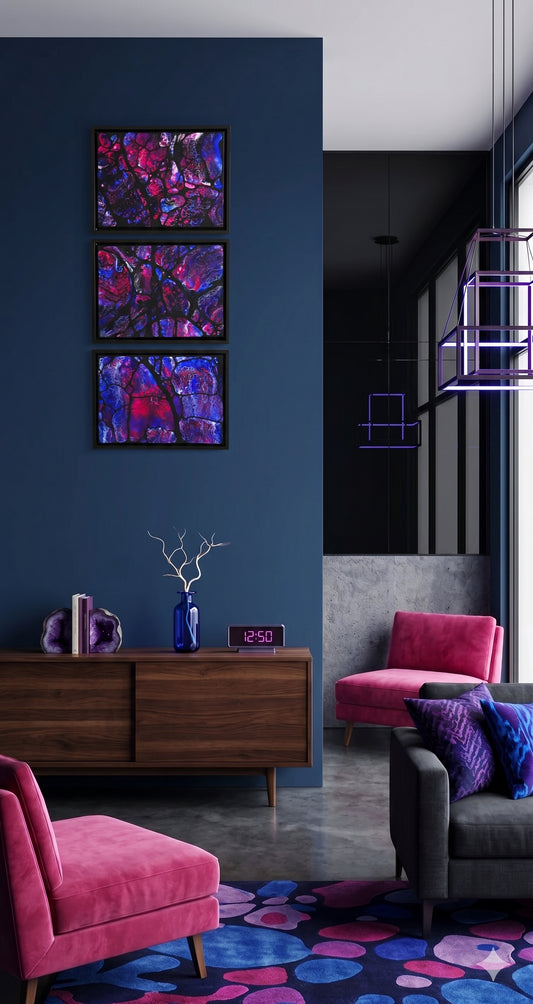 Inside Nebula Triptych, 3x9x12x0.75" Acrylic Painting
