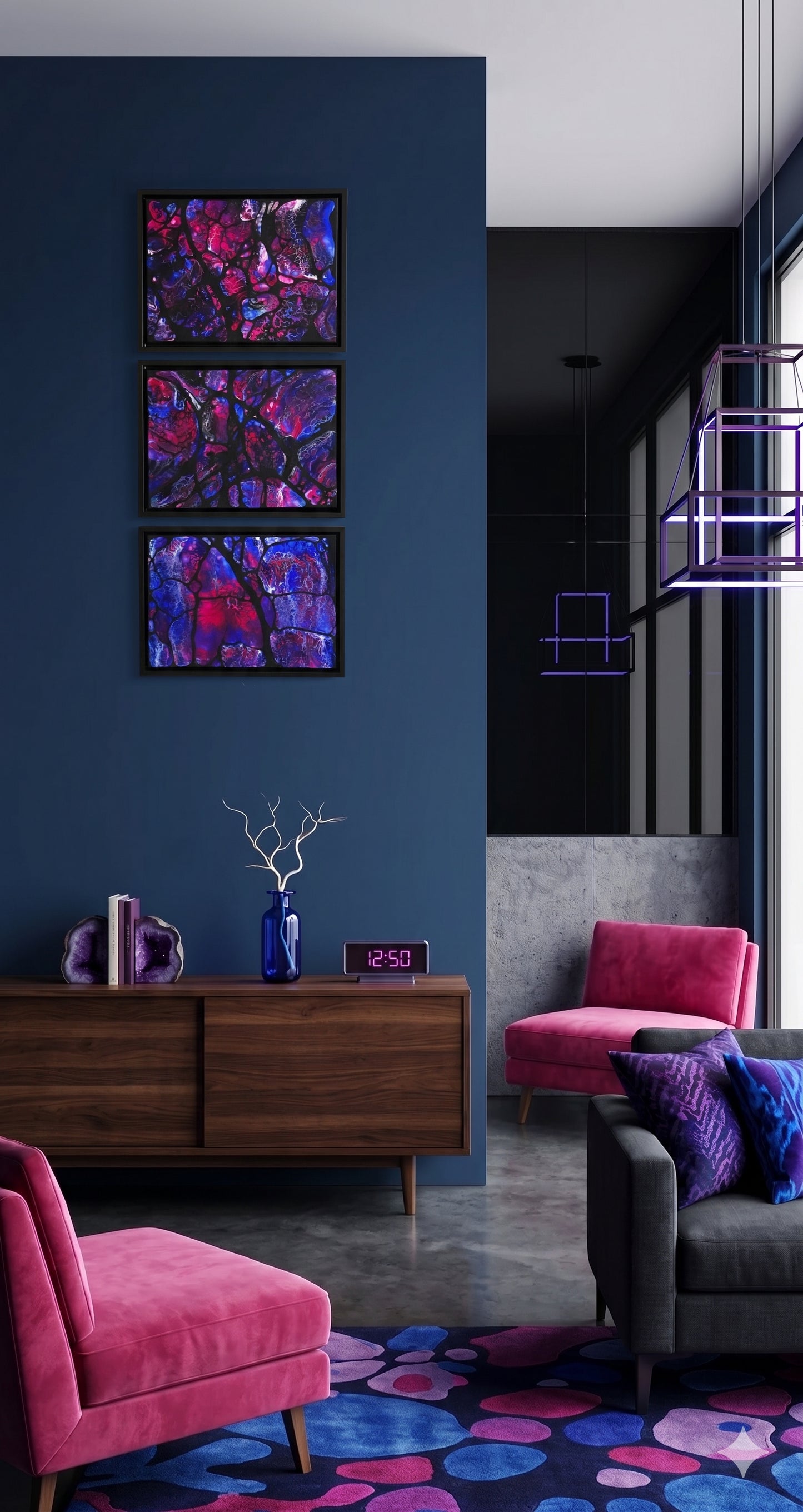 Inside Nebula Triptych, 3x9x12x0.75" Framed Acrylic Painting
